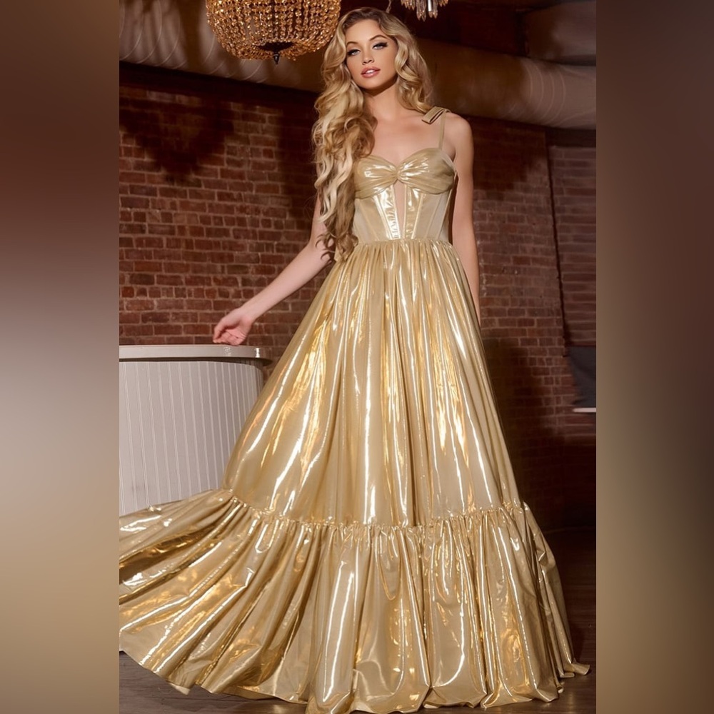 NWT Jovani Gold Shiny Corset Gown with Flared Skirt 43596 size 14